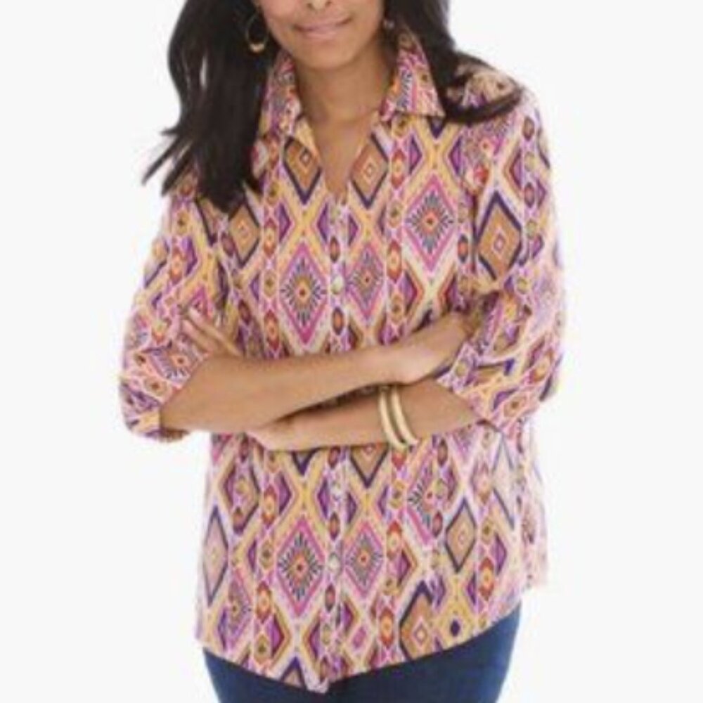 Chico's Multi Color Abstract No Iron‎ 100% Linen Button Down XL 3